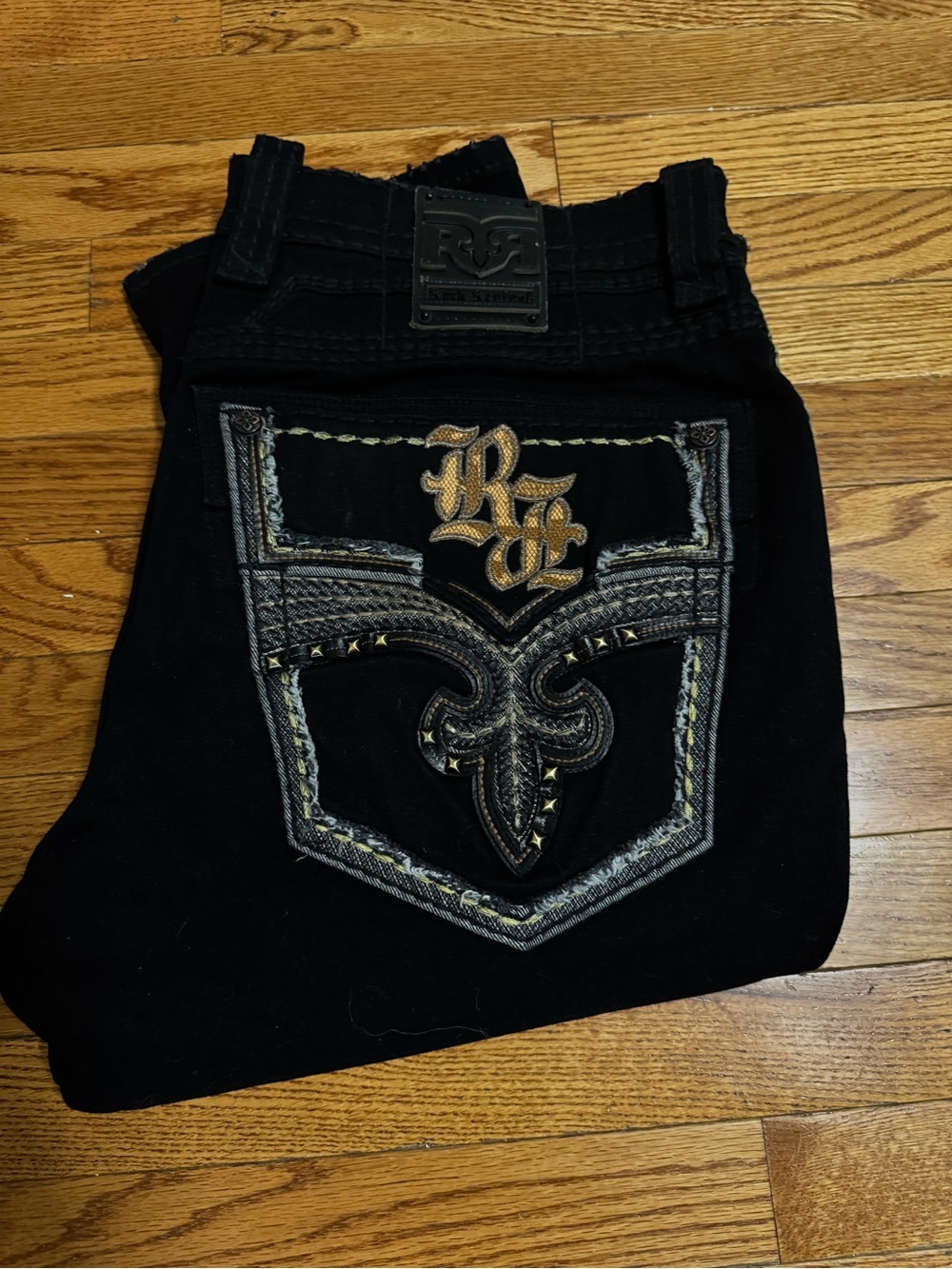 Rock Revival Men's Straight Jeans Black with Gold Embroidery
